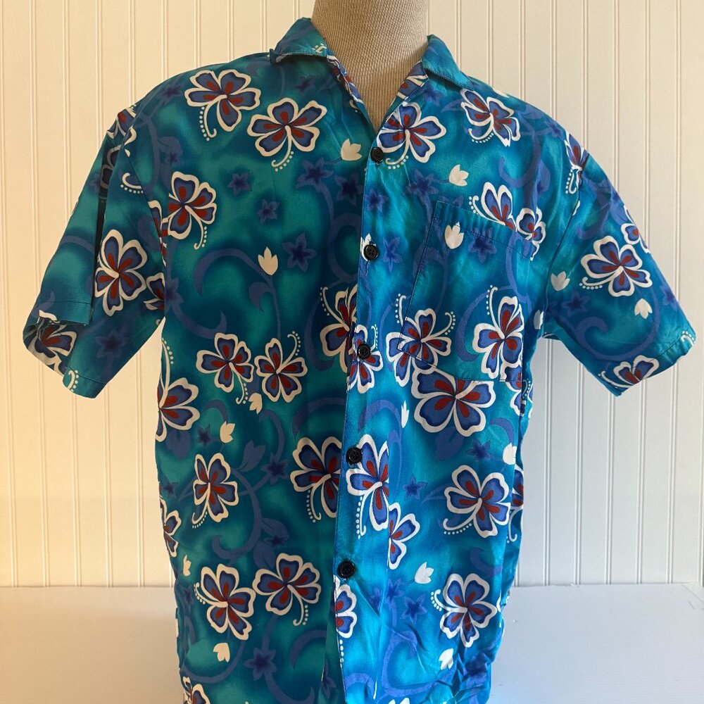 Harana Hawaiian Aloha Button Casual Shirt Blue and Red Floral Men's  X-Large